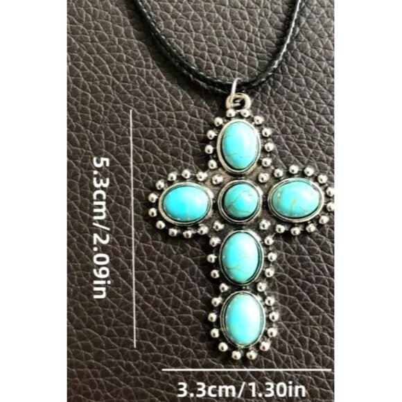 Turquoise Stone Cross Pendant Necklace With Black Cord‎ New - Picture 4 of 4